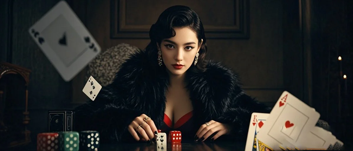 深色牌桌前身穿黑色皮草的女子撥動紅色骰子,桌面散落撲克牌與彩色籌碼,示意TU娛樂城優惠活動的實際遊玩情境