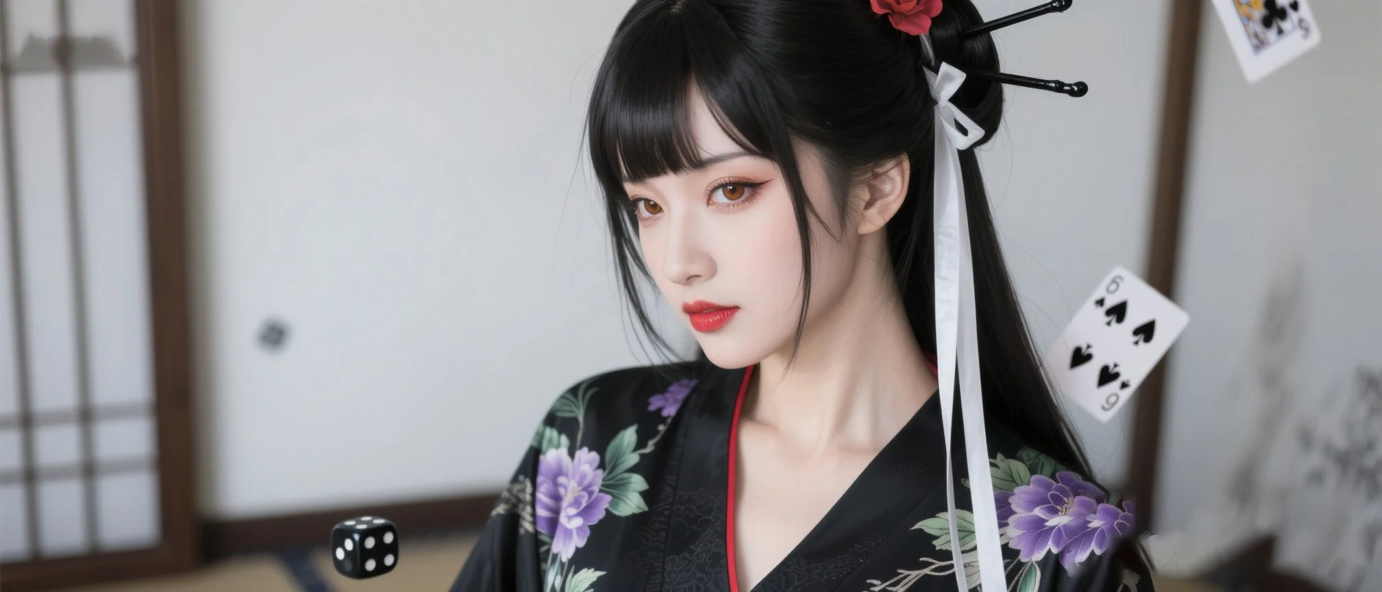 身穿黑色花卉和服的插畫人物側身而立,身旁散落撲克牌與骰子,對應連敗期間應保持冷靜的資金控管原則